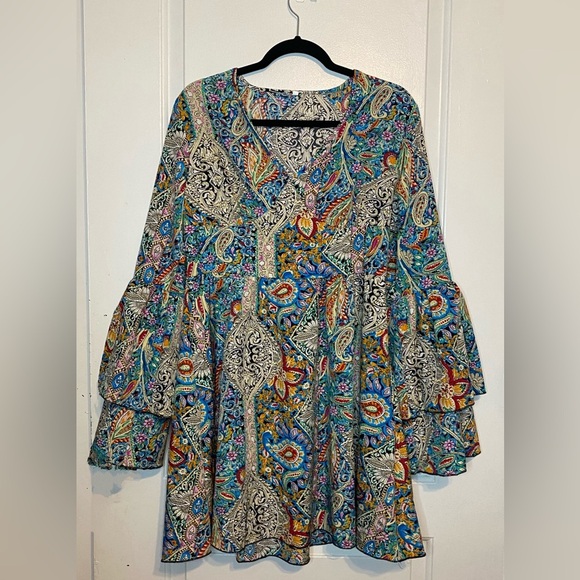 SHEIN Blue and Orange Tiered Ruffled Long Sleeve Dress - Picture 7 of 8